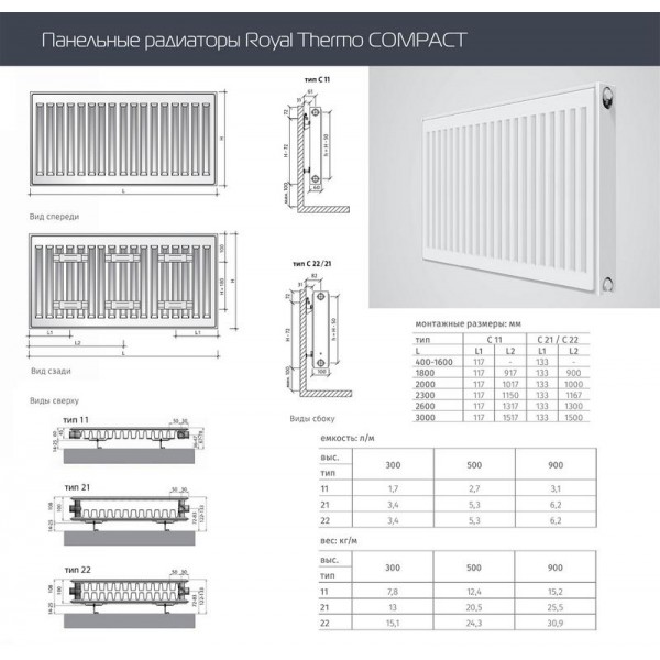 Стальной панельный радиатор Тип 11 Royal Thermo COMPACT 11-600-1700