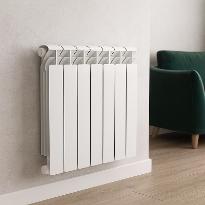 Радиатор биметаллический Fondital Alustal 500 – купить, цена, характеристики Биметаллический радиатор Fondital Alustal 500 белого цвета в современном интерьере, фото отопительного прибора