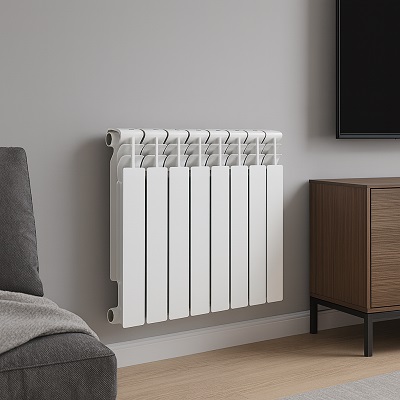 Биметаллический радиатор Rommer Optima BM 500 белого цвета в современном интерьере, фото отопительного прибора